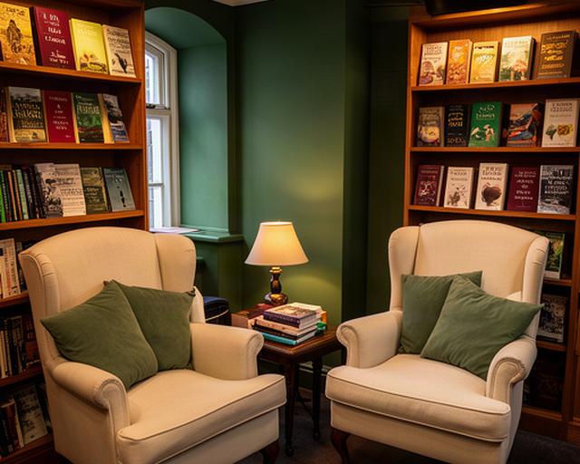 Cozy reading corner inside a Gorey bookstore with armchairs, warm lighting, and shelves of Irish literature
