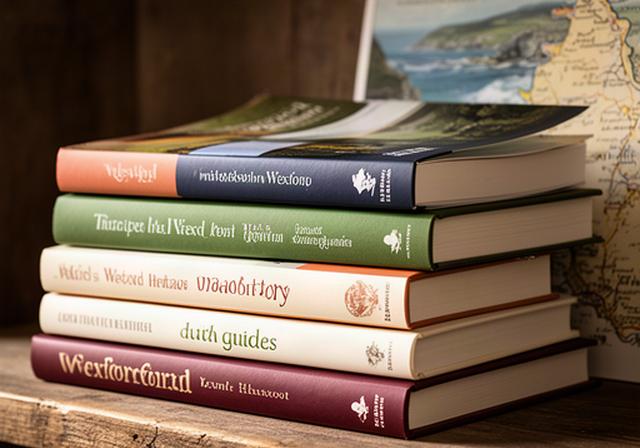 Stack of local interest books about Wexford heritage, Irish history, and regional guides on a rustic wooden shelf